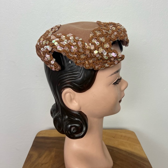 1950’s 50s Vintage Elegant Brown Wool Felt Sequin Sequined Soutache Women's Hat - Picture 3 of 16